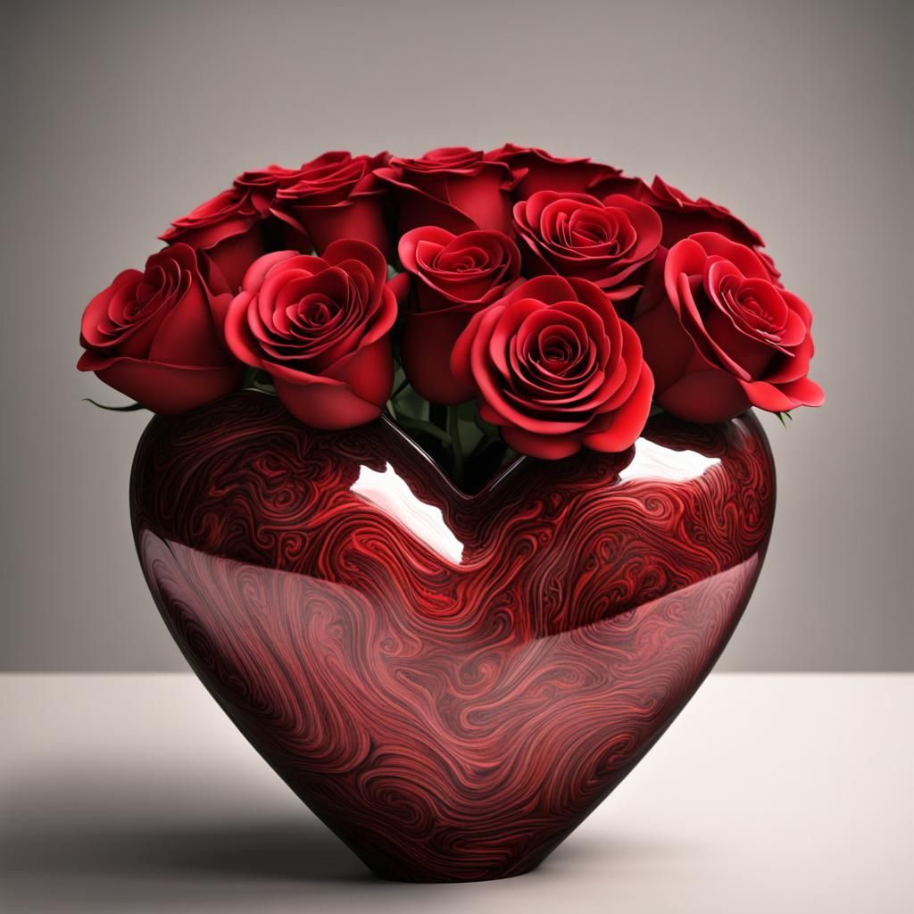 Heart Vase with Red Roses, Hyperrealistic Render