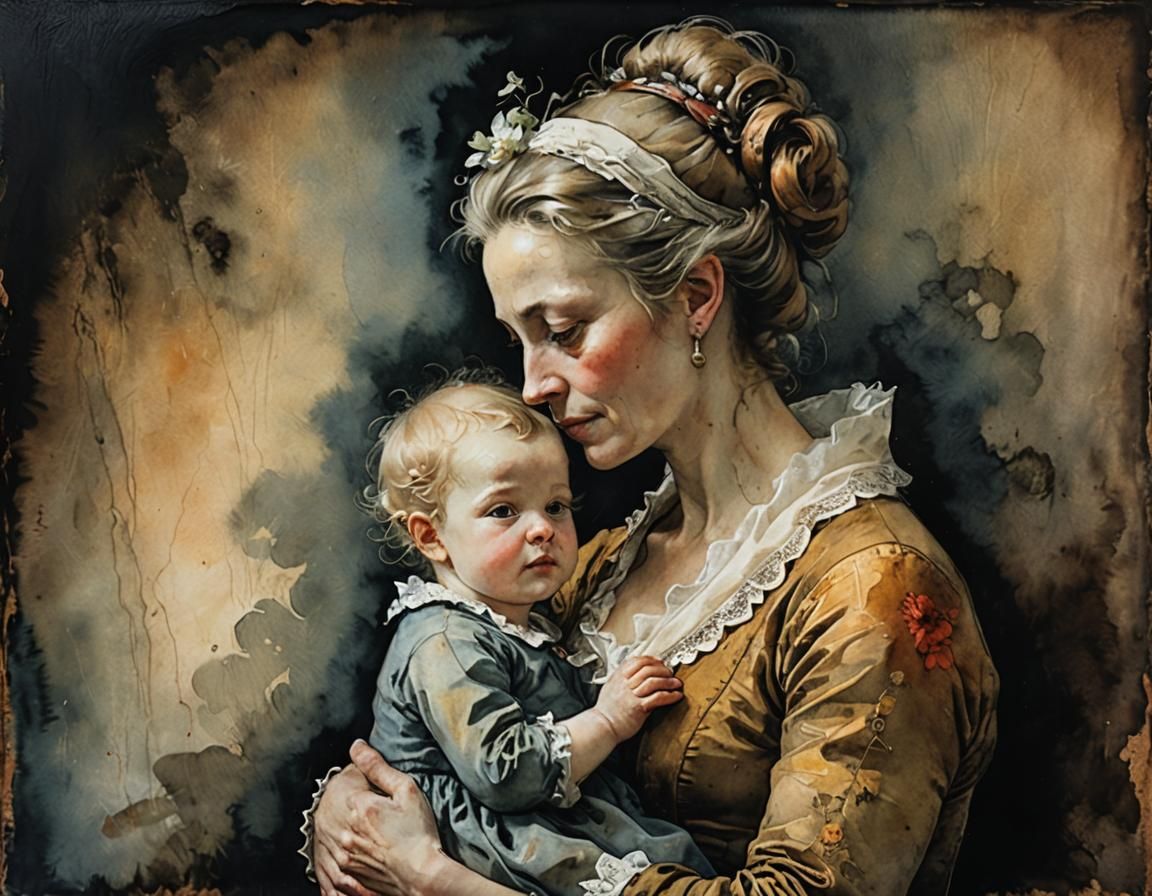 Emotional Mother and Child: Dark Watercolor Painting