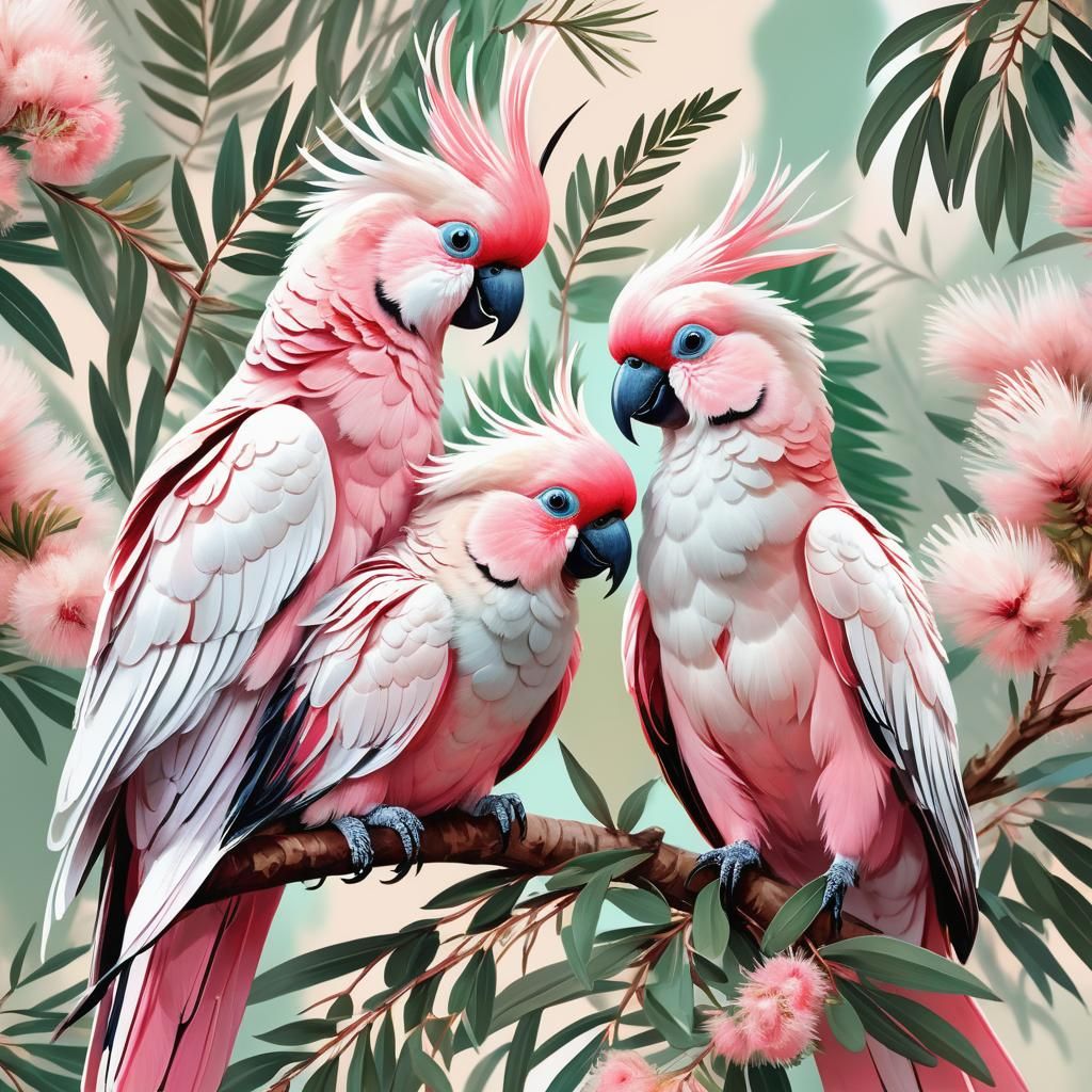 Pink Cockatoos on Callistemon Branch in Audubon Style