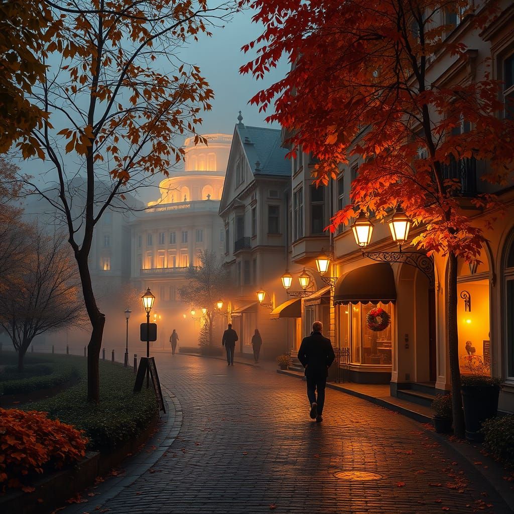 Autumn in Karlovy Vary: Golden Light on Cobblestone Street
