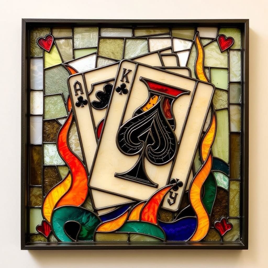Stained Glass Mosaic of Burning Deck of Cards
