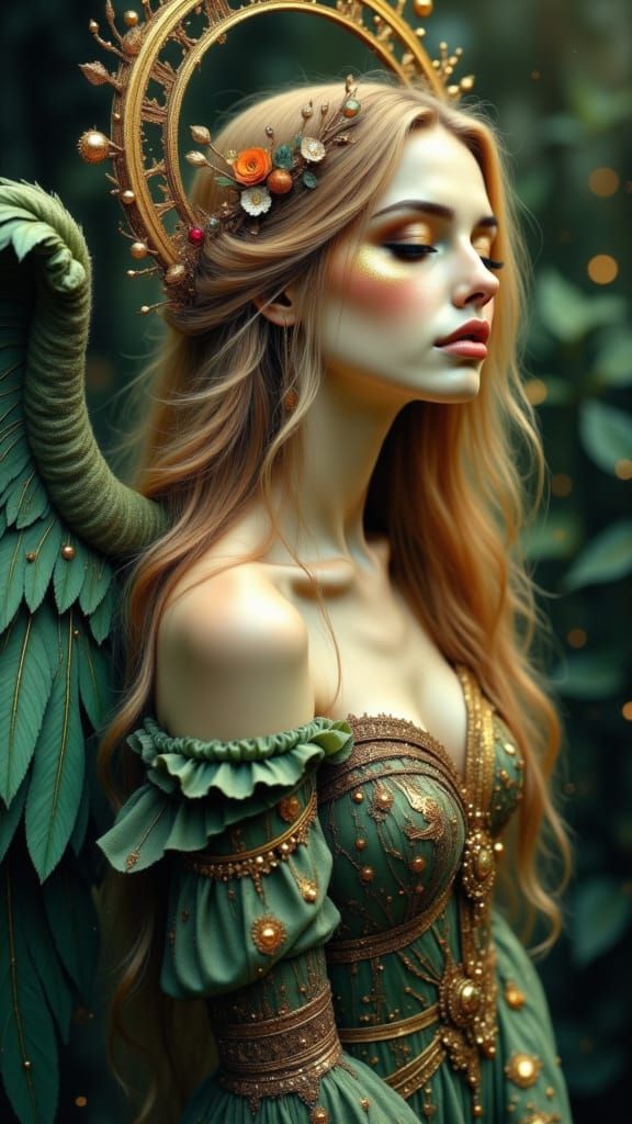 Ethereal Angelic Woman in Golden Halo and Green Gown