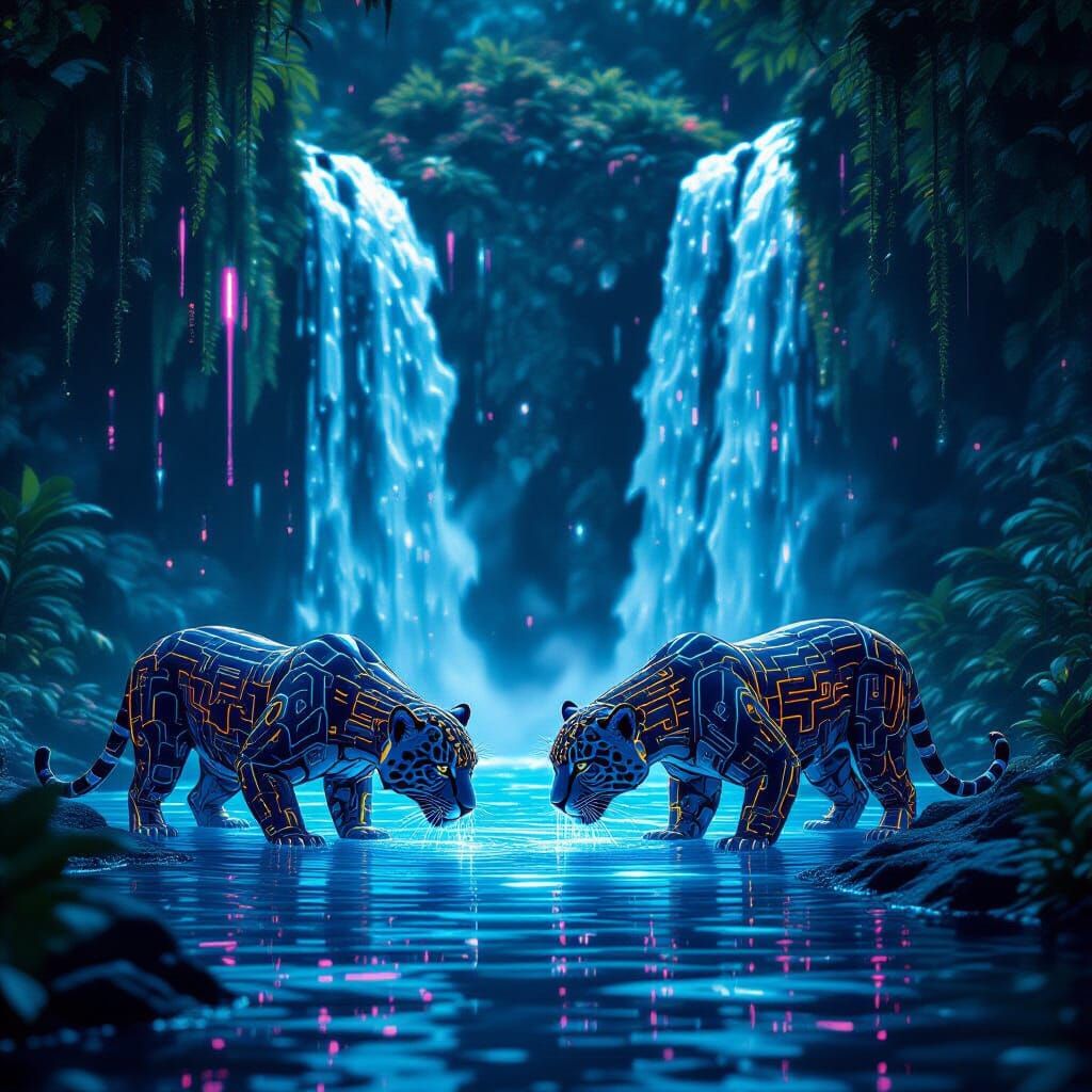Cybernetic Jaguars Drinking Luminous Data at Night