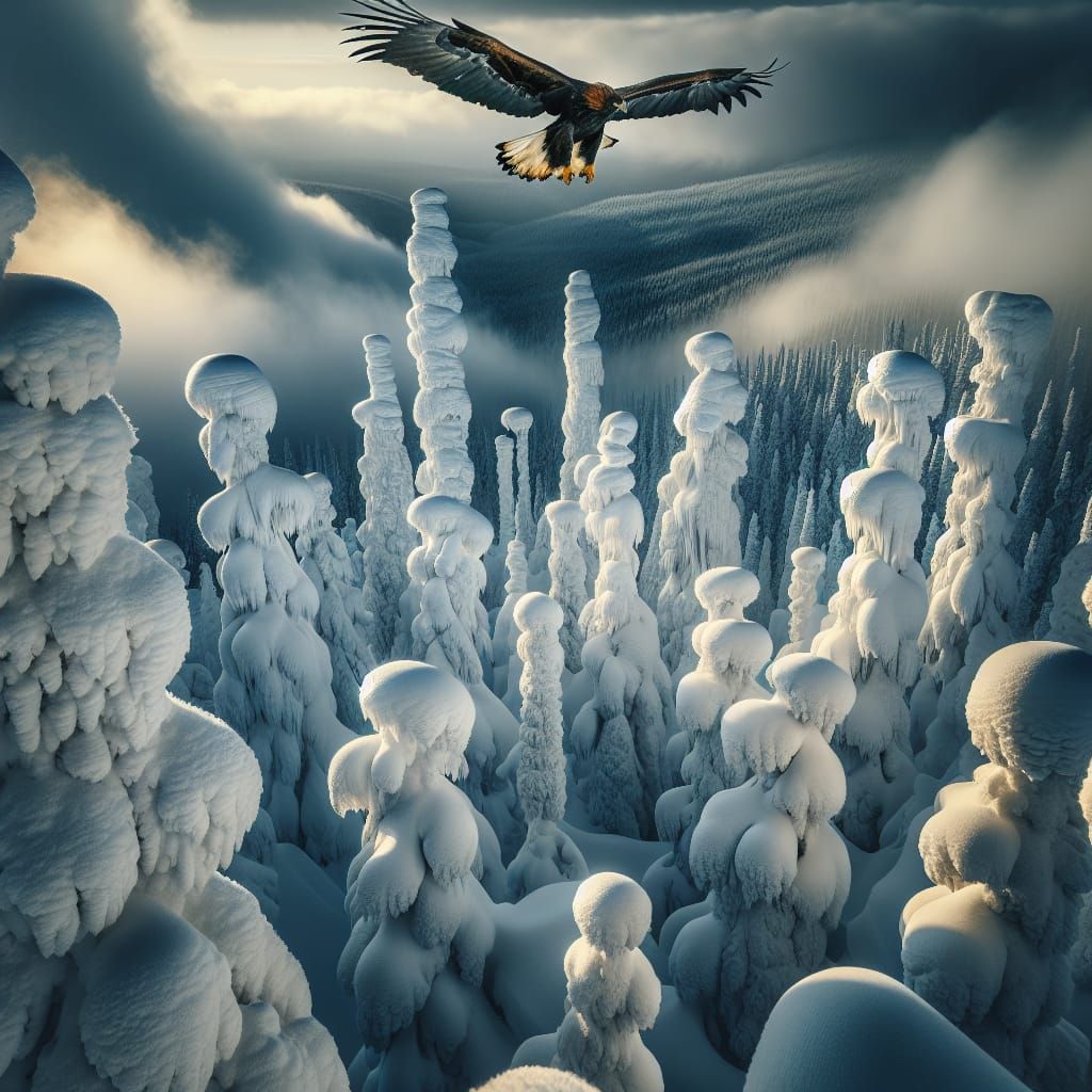 Majestic Golden Eagle Soars Above Snow-Laden Norway Spruce T...