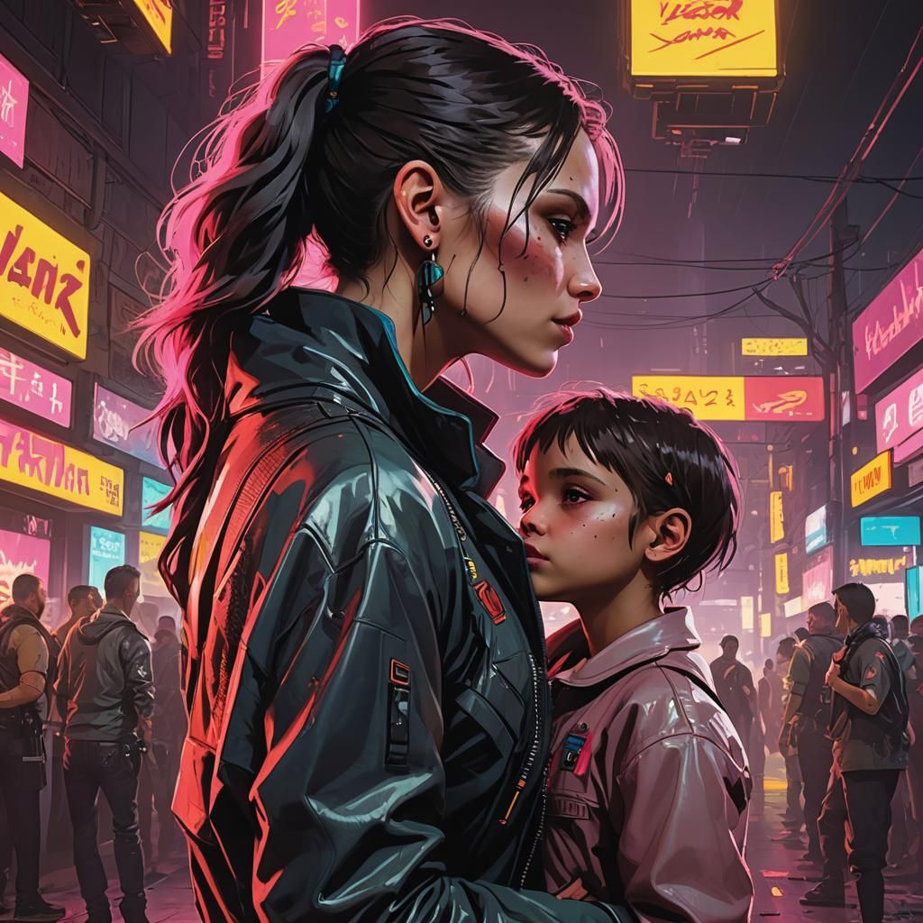Cyberpunk Mother and Daughter Affection