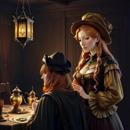 Woman with Lantern: Oil Painting in Classical Style