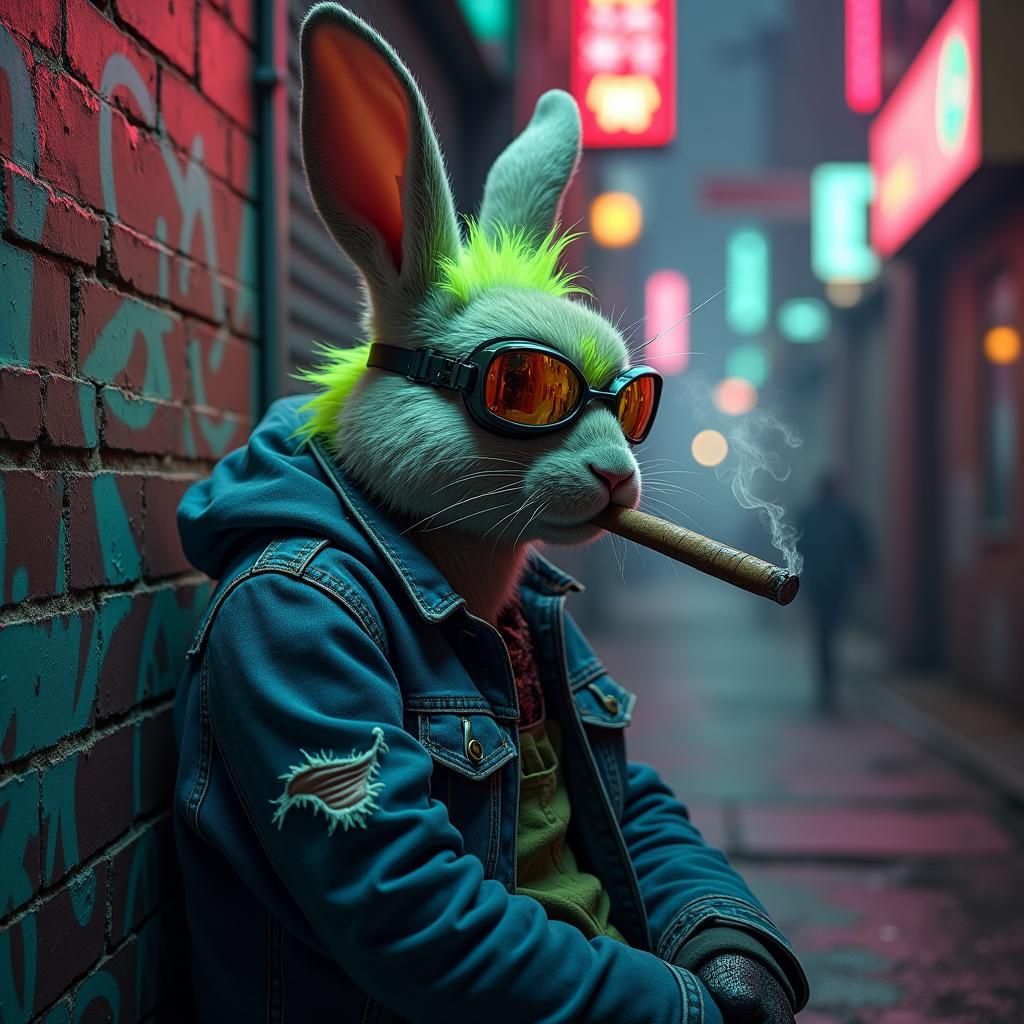 Cyberpunk Rabbit in Dystopian Cityscape
