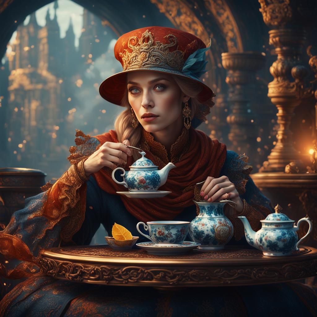 Beautiful Woman Drinking Tea in Detailed Matte Painting