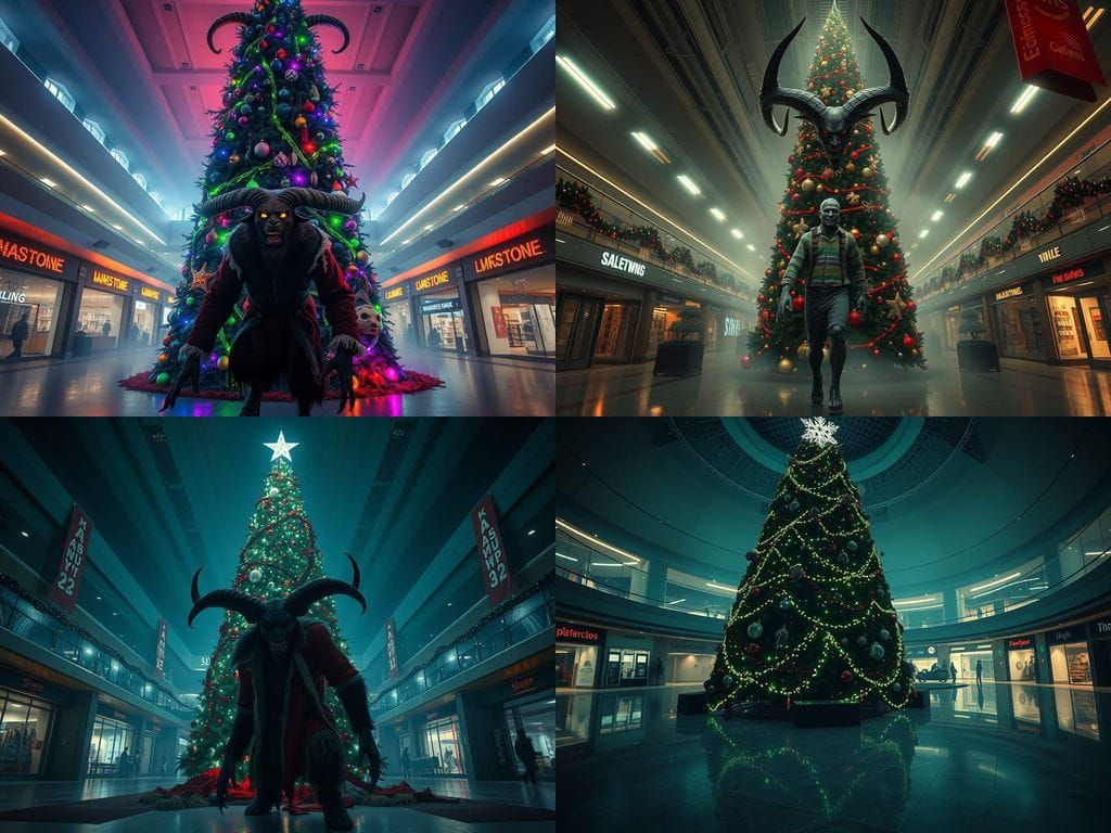 Krampus Creeps Around a Towering Christmas Tree in a Mall