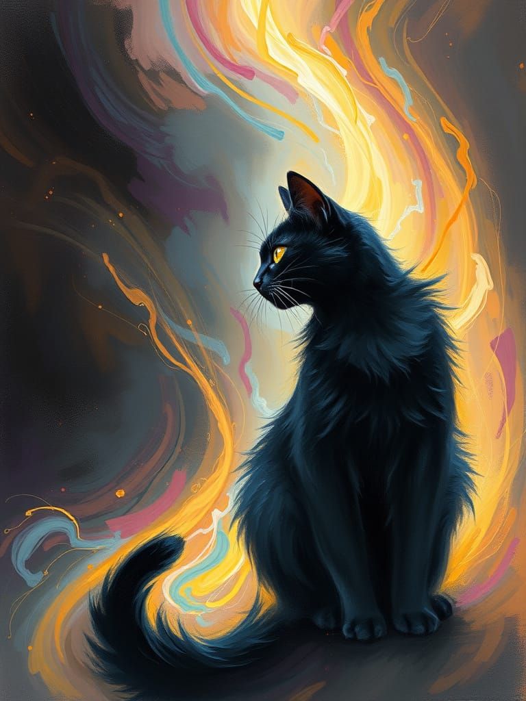 Ethereal Black Cat Amidst Swirling Lights