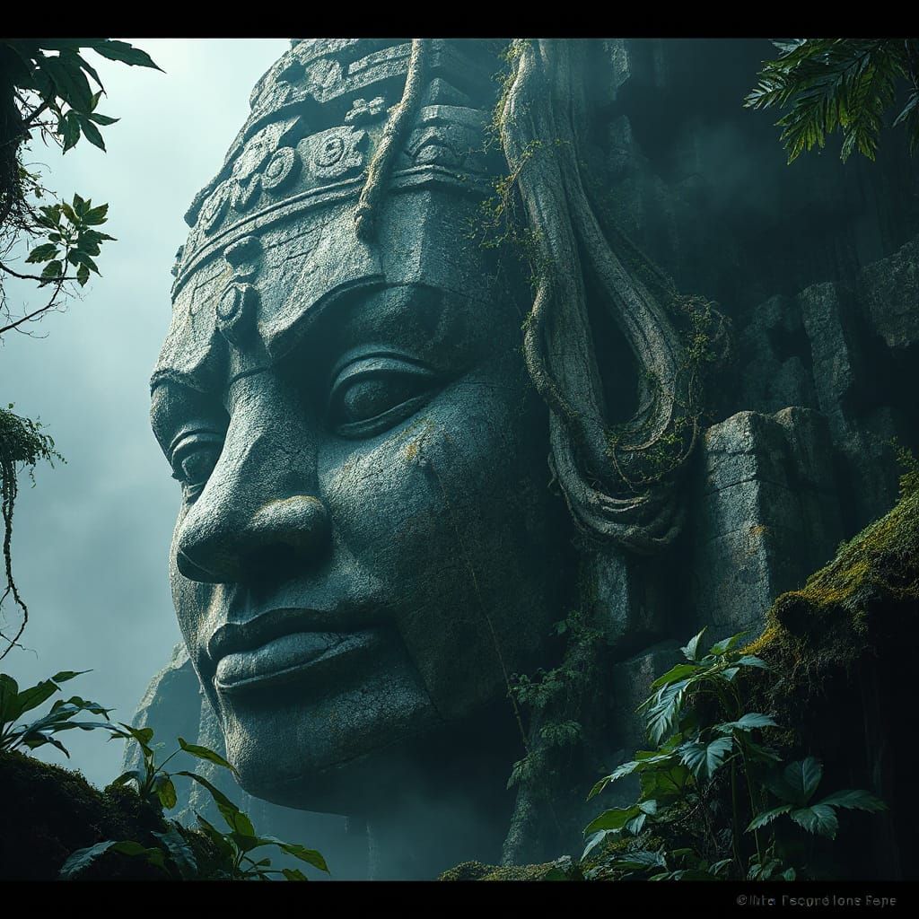 Ancient Stone Head in Misty Jungle