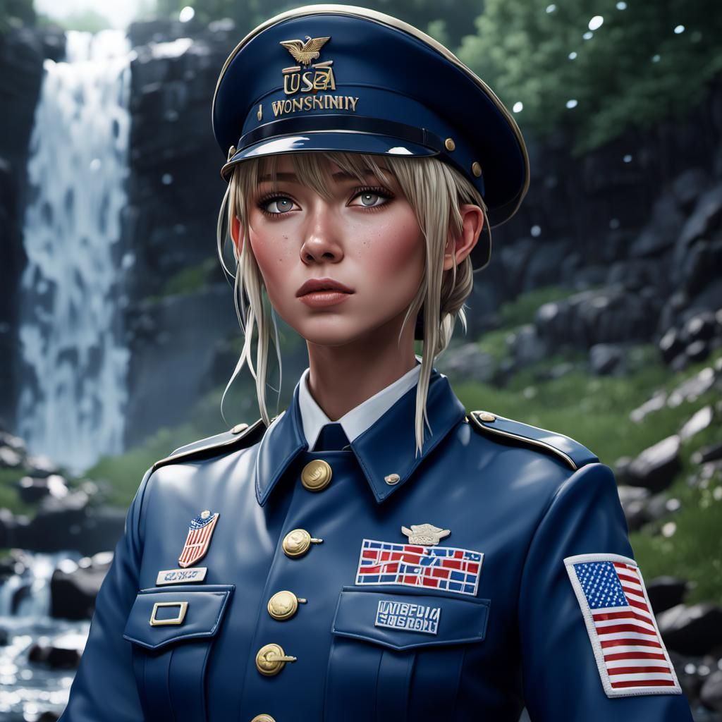 Woman in Army Uniform Posing by Waterfall