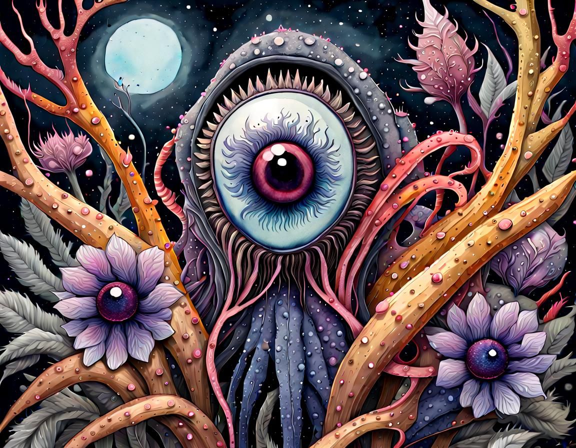 Lovecraftian Horror Creature Close-Up in Watercolor Style