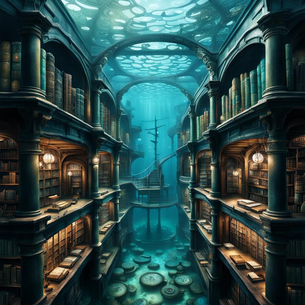 Steampunk Underwater Library in Vaporwave Style