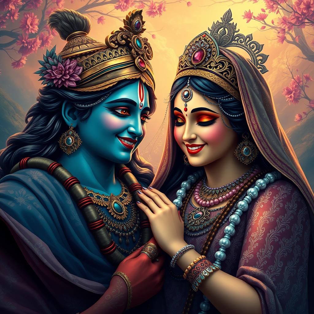 Radha and Krishna Smiling in Fantasy Landscape