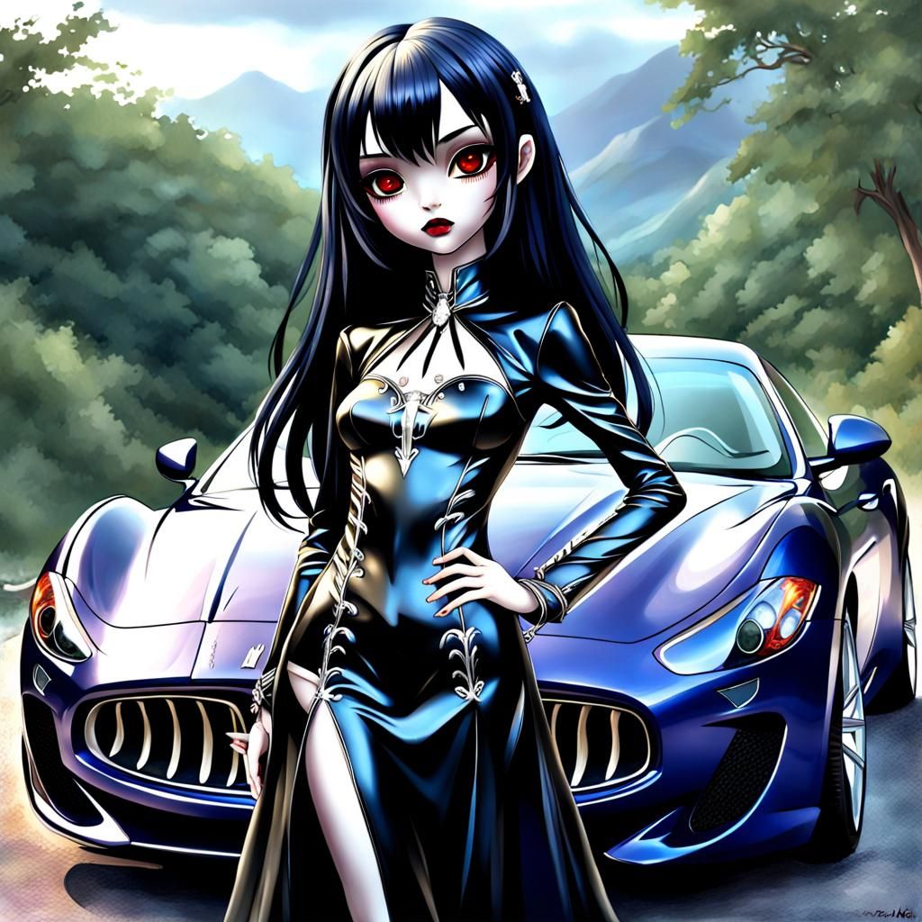 Gothic Vampire Near Maserati: Hyperrealistic Art