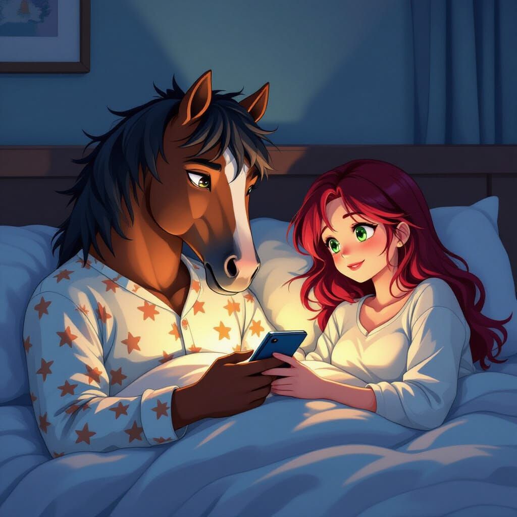 Horse-Headed Man Gazing at Phone, Anime Style