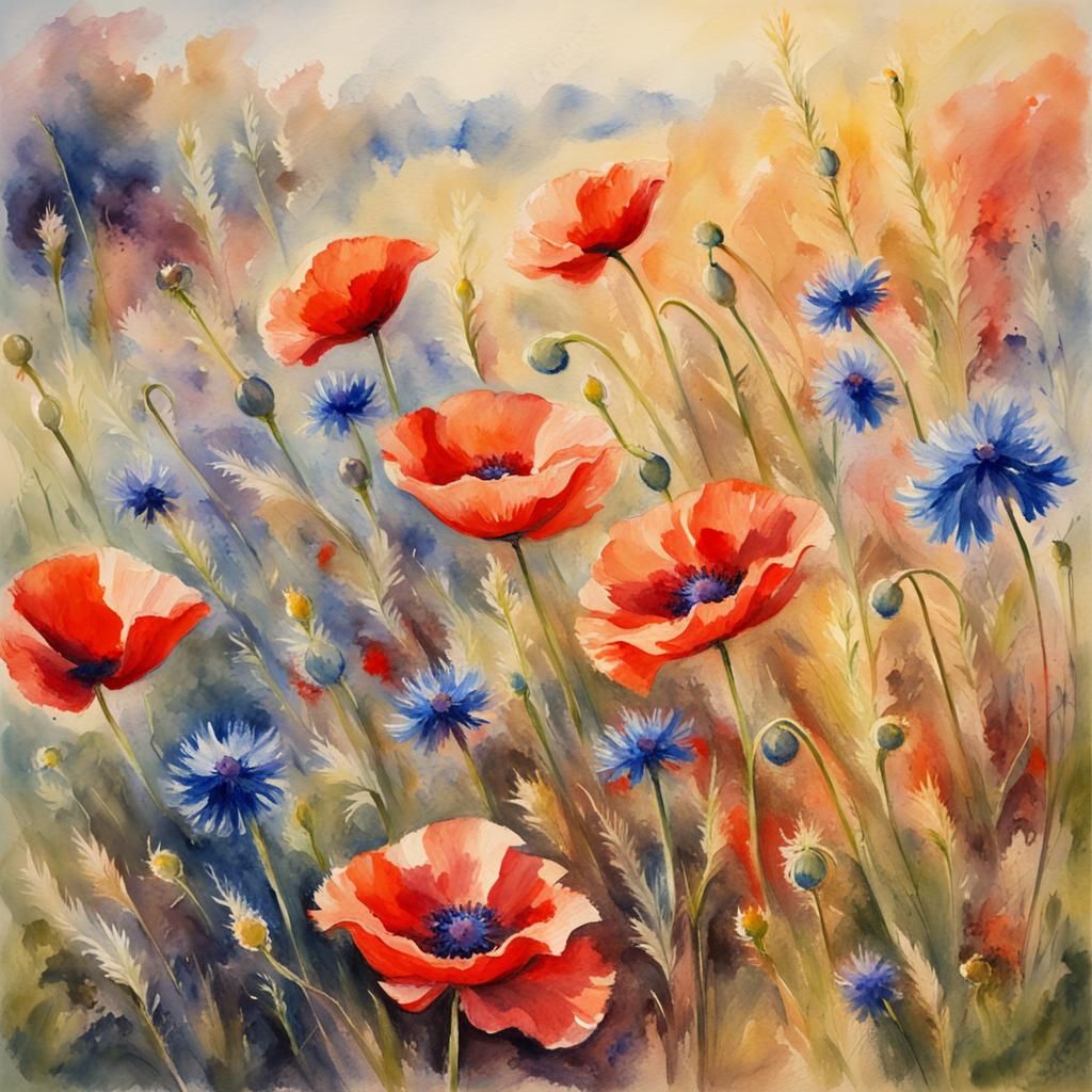 Impressionistic Watercolor Field of Poppies and Cornflowers