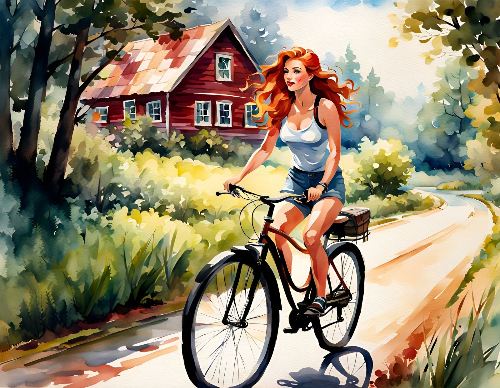 Red-Haired Girl on Bike: Watercolor Country Road