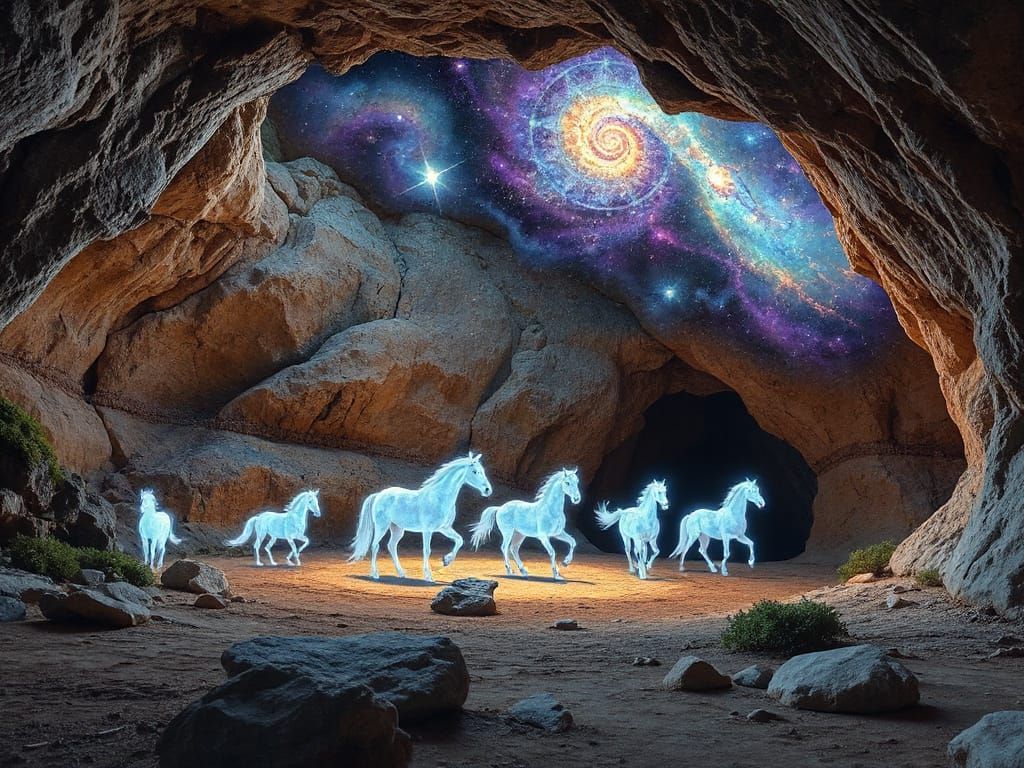 Bioluminescent Horses Adorn Sacred Cave in Desert Landscape
