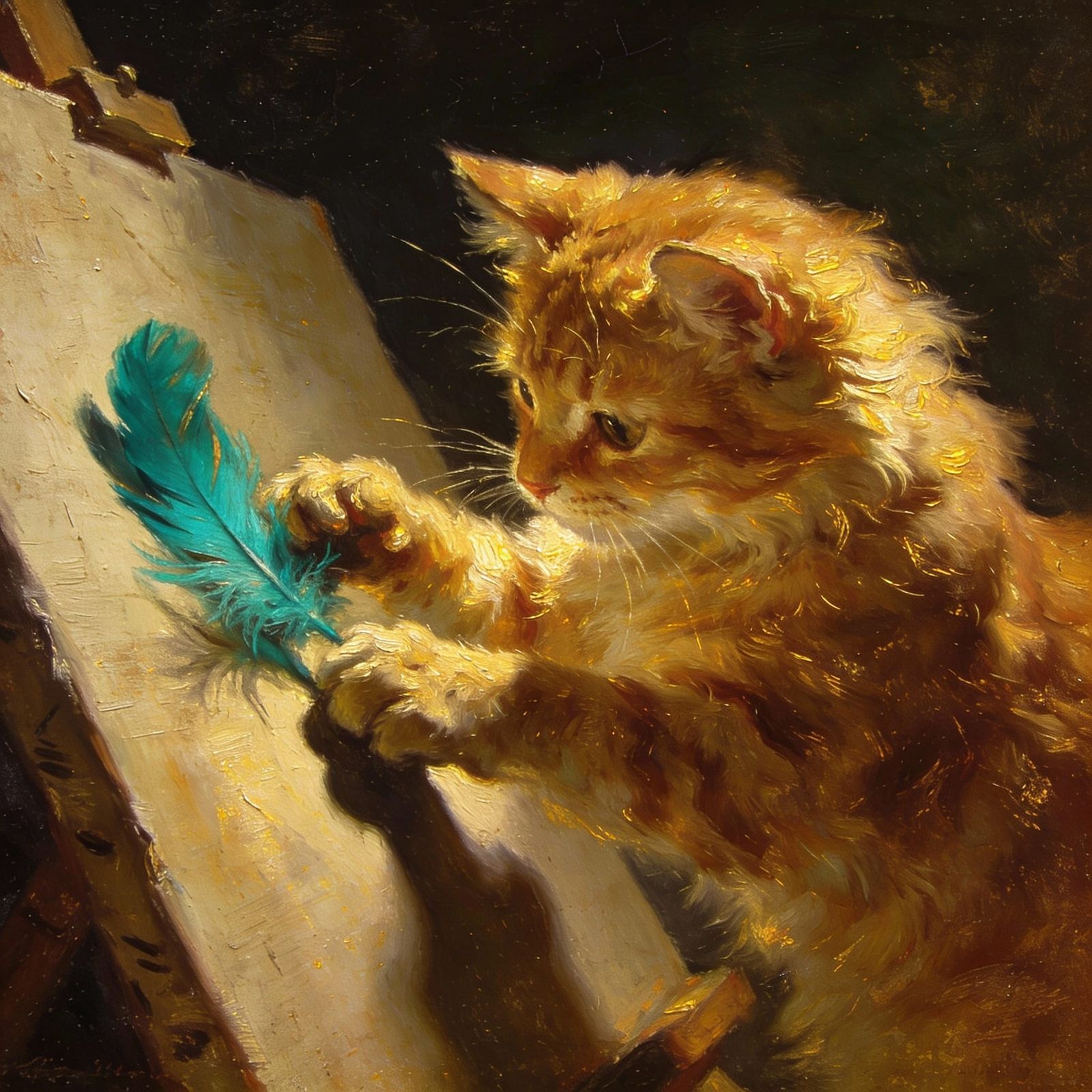 Ginger Cat Plays with Turquoise Feather as Oil Painting