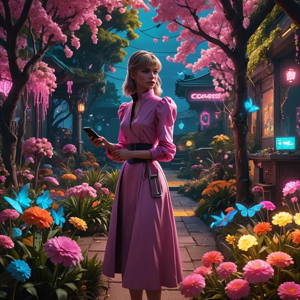 Cinderella in Cyberpunk Garden with Neon Lights