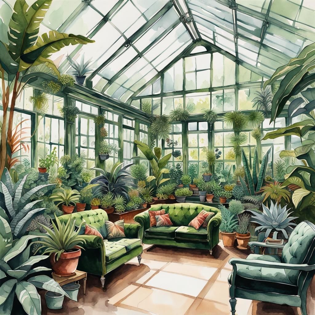 Lush Tropical Greenhouse in Botanical Illustration Style