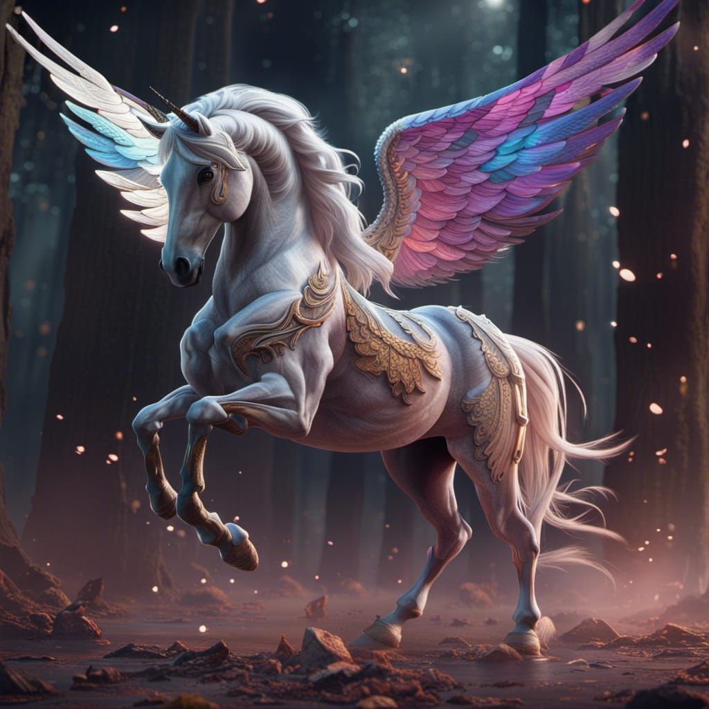 Winged Unicorn in Detailed Fantasy Landscape