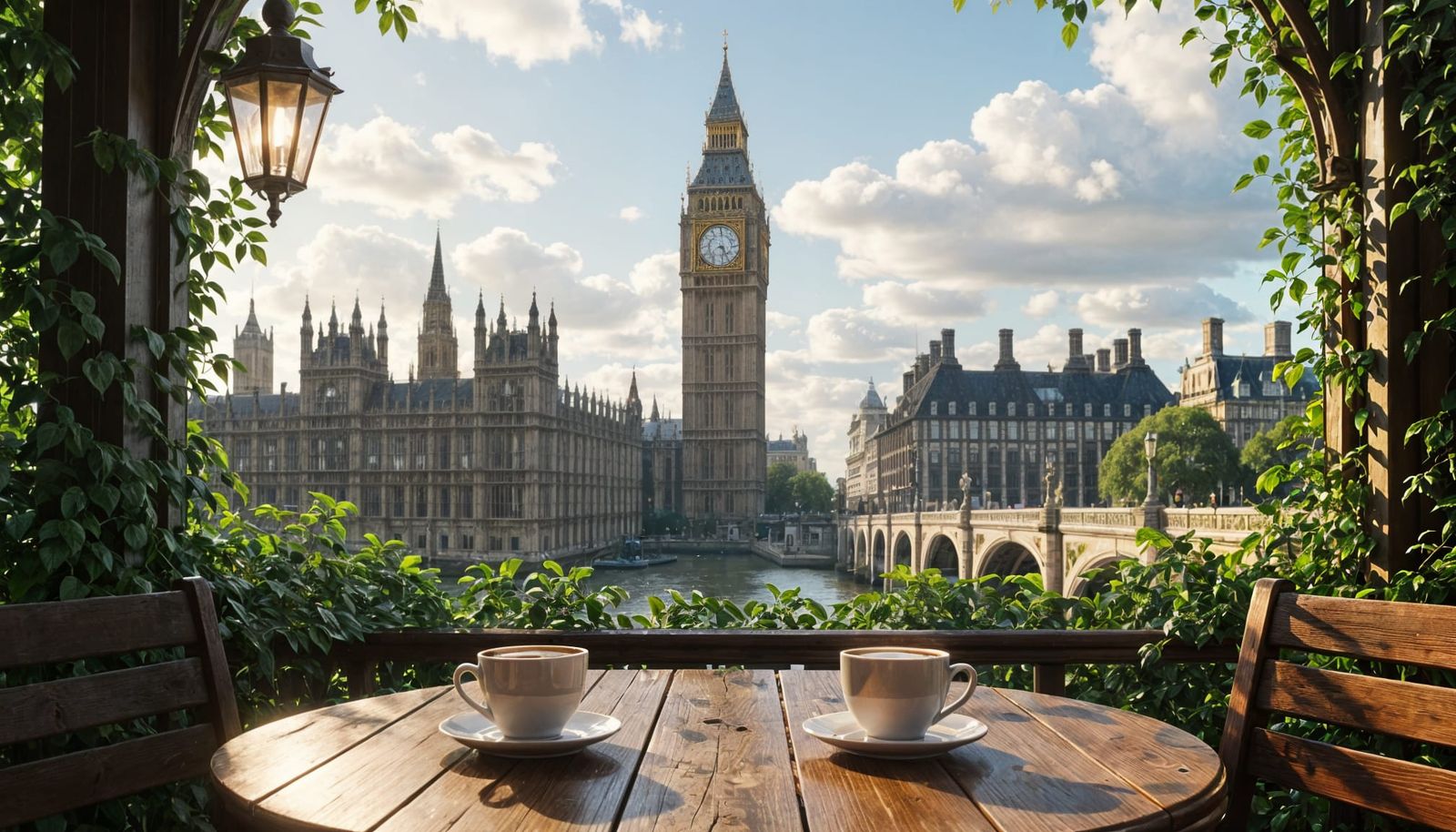 Vintage London Cafe with Big Ben in Sunlight