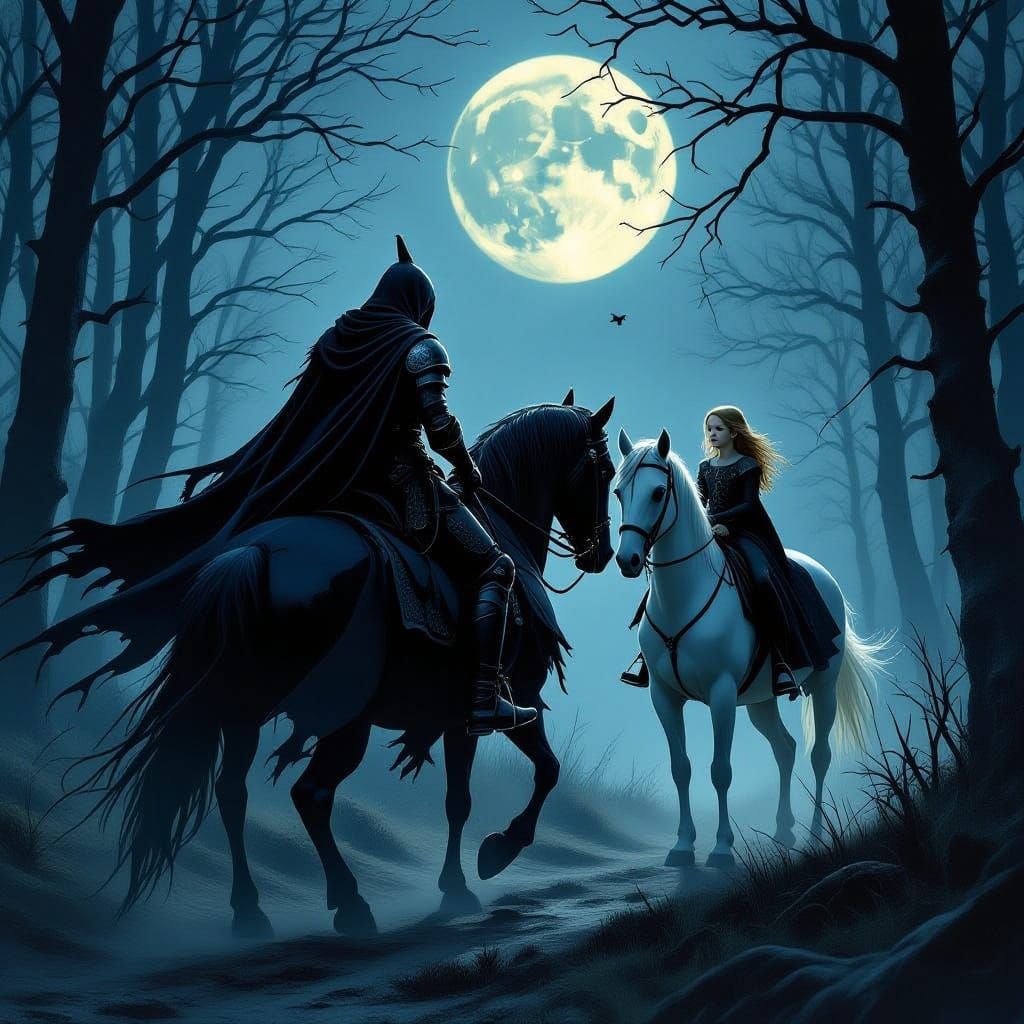 Headless Horseman and Daughter in Moonlit Gothic Forest