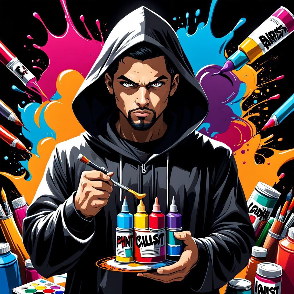 Hooded Graffiti Cultist with Paint, Comic Book Style