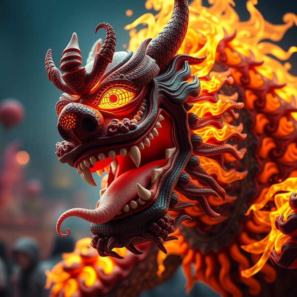 Asian Carnival Fire Monster in Hyperrealistic Style