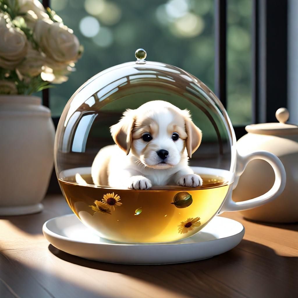 Puppy in Teacup Inside Glass Sphere: Matte Painting