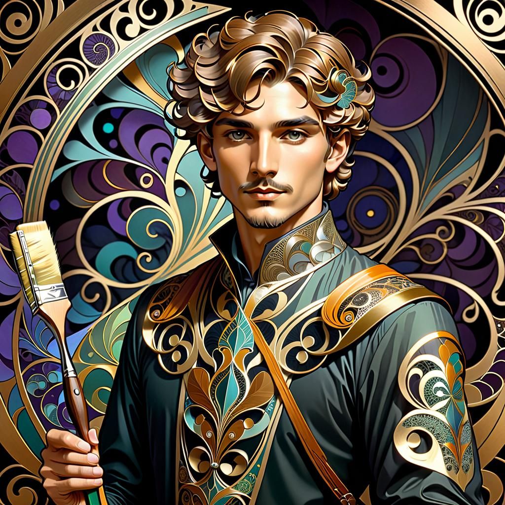 Art Nouveau Artist with Paintbrush in Bronze, Silver and Gol...