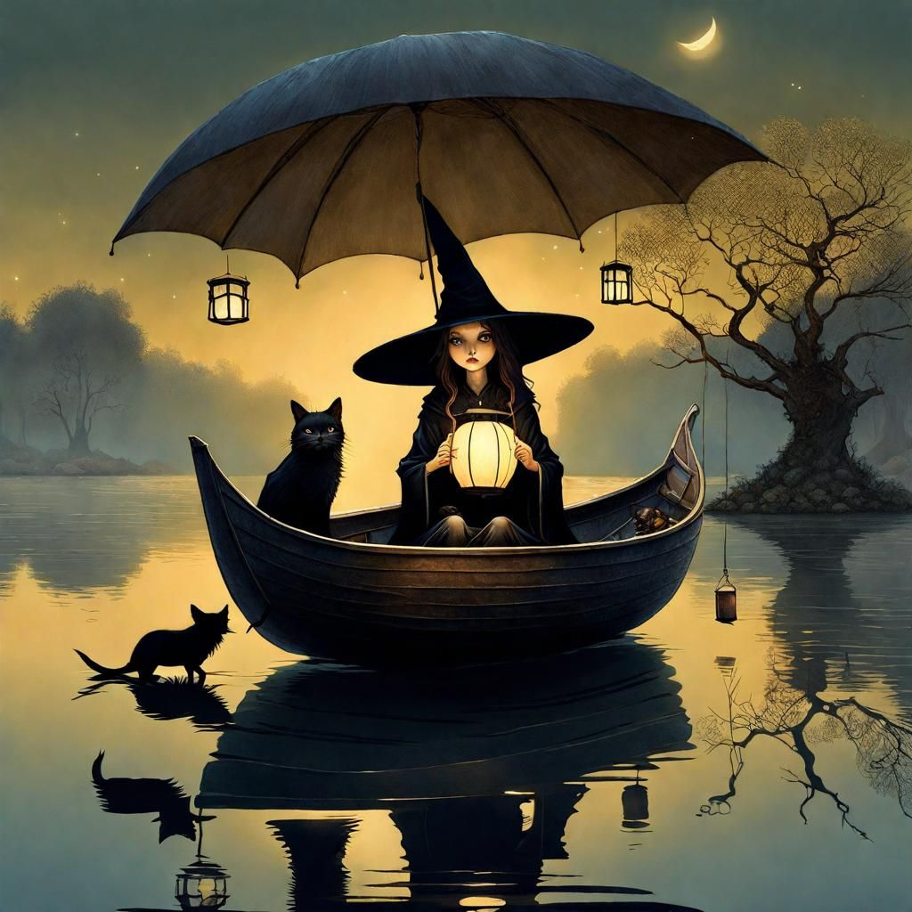 Gothic Witch and Pets on a Night Lake
