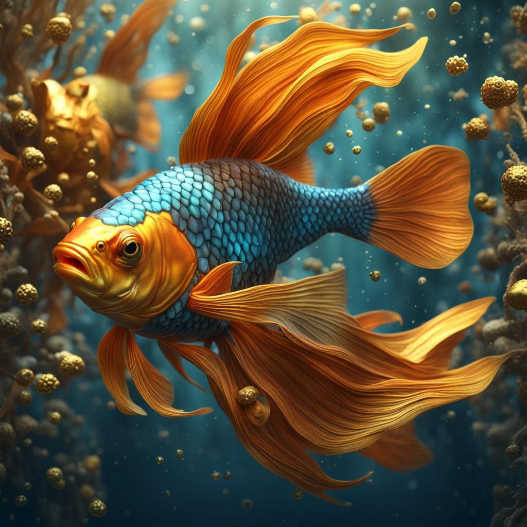 Golden Fish: Intricate Digital Art in 8K Resolution