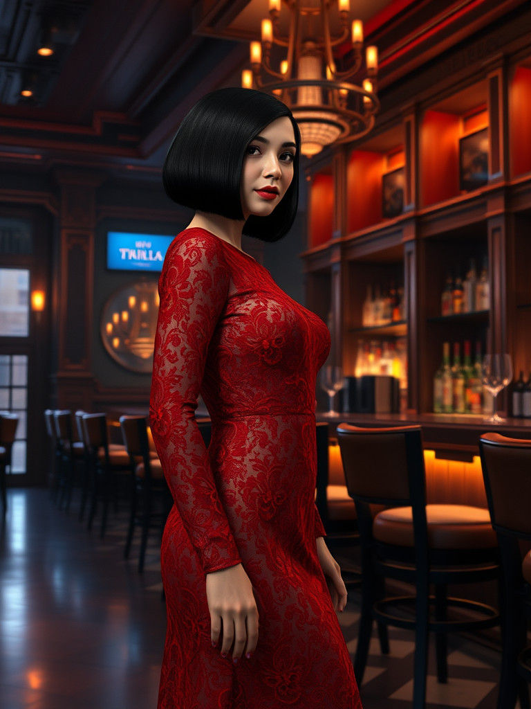 Woman in Red Lace Dress in Dimly Lit Bar