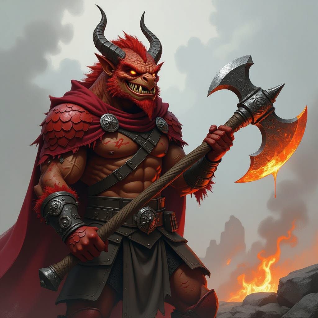 Dragonborn Barbarian with Molten Axe in Dark Fantasy Style