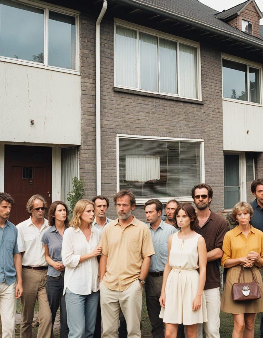 Neighbors Gather in Front of a House, Discussing Its Sale in...