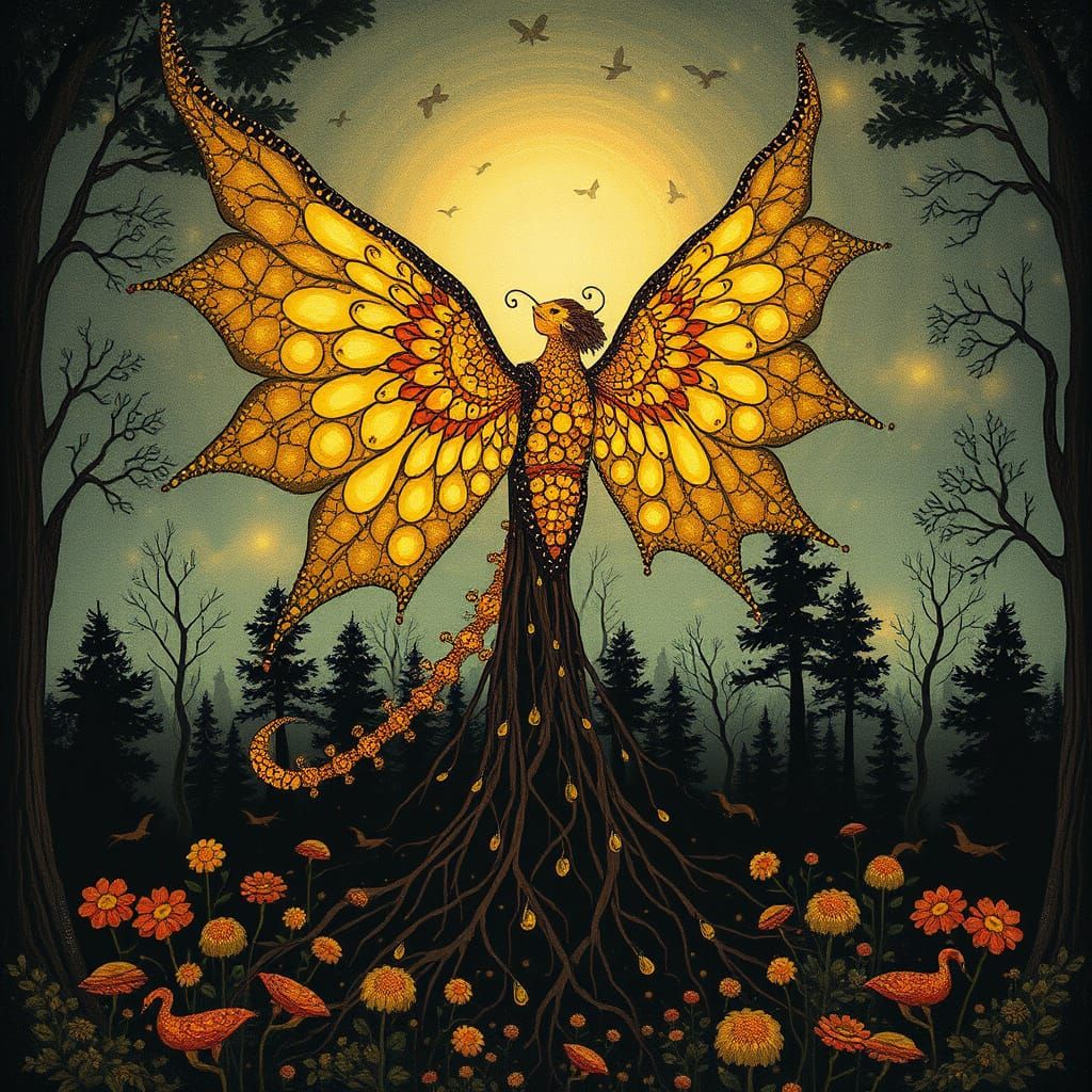 Majestic Winged Creature in Klimt-Inspired Forest