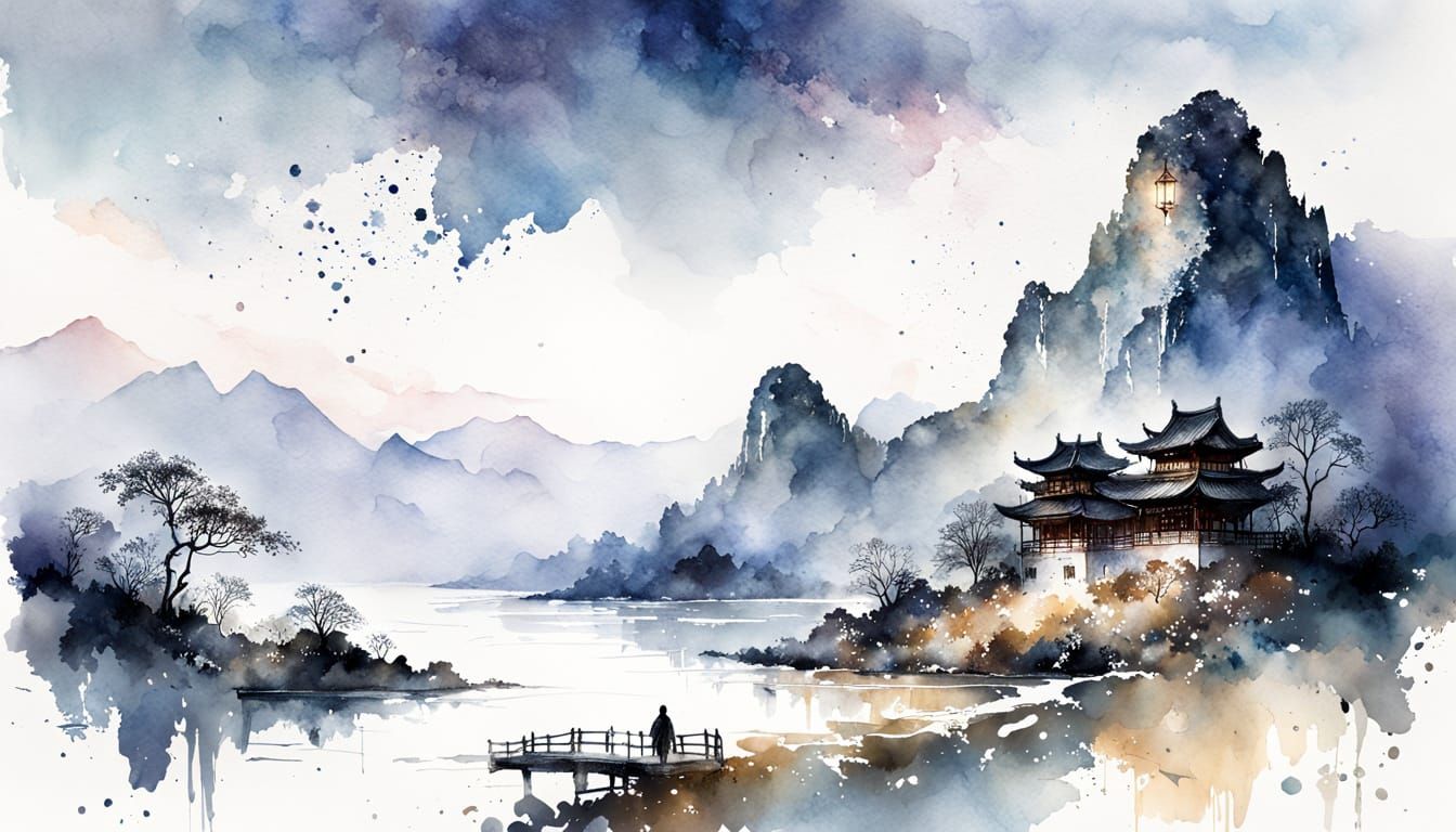 Ethereal Sunset Over Chinese Mountains in Art Brut Style