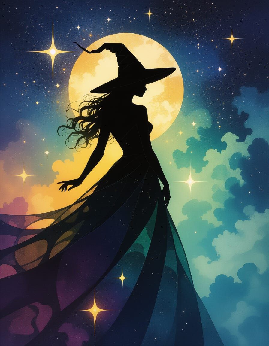 Witch Double Exposure Over Starry Night Sky in Vibrant Color...