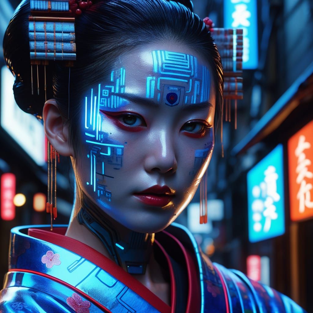 Cyborg Geisha in Tokyo: A Hyperrealistic Digital Painting
