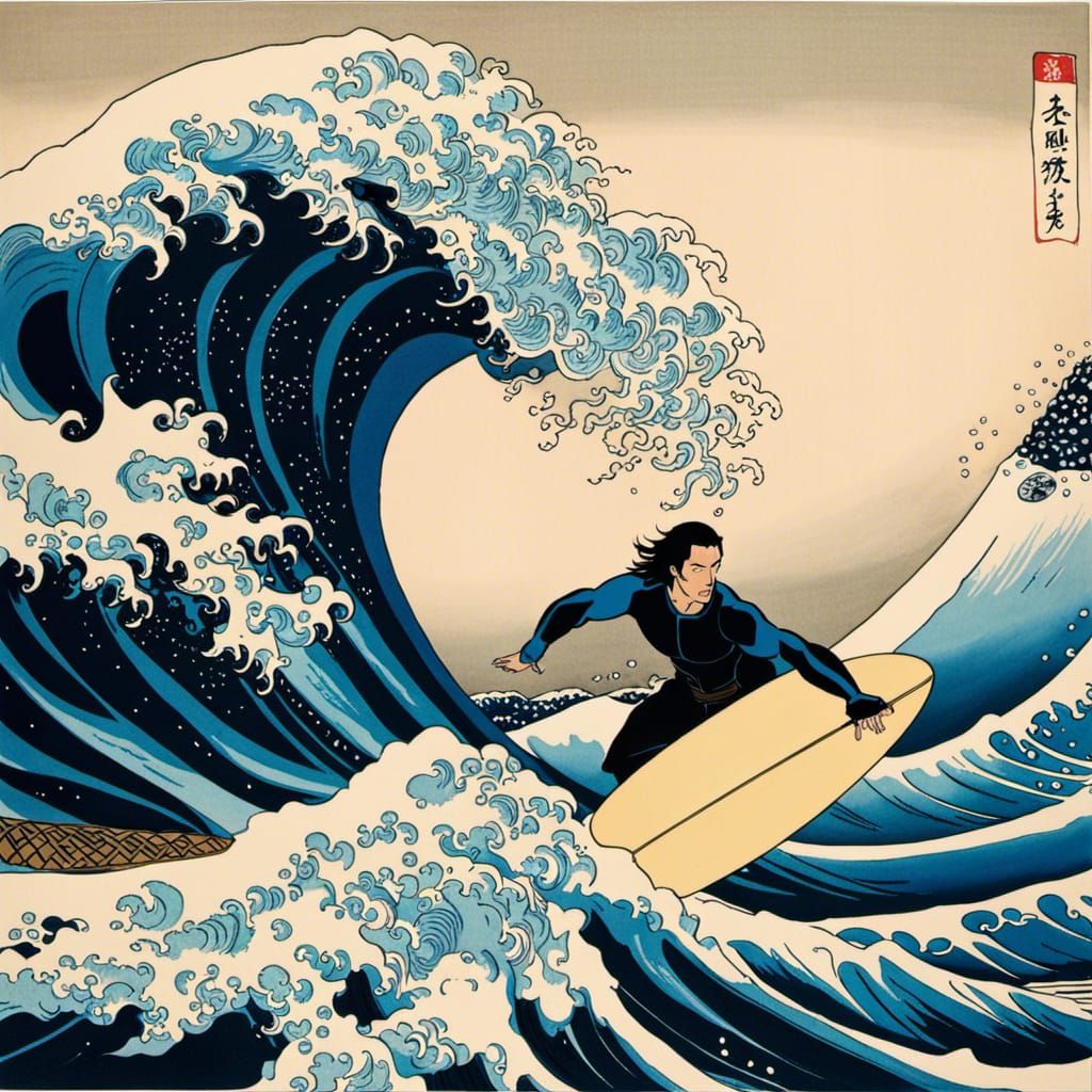 Keanu Reeves Surfing Hokusai's Great Wave