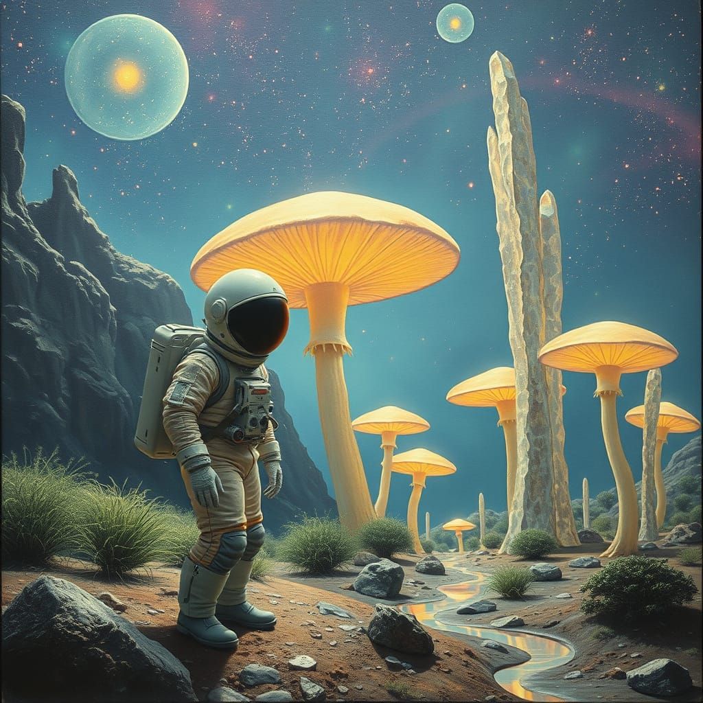 Astronaut Discovers Giant Glowing Mushrooms on Alien Planet