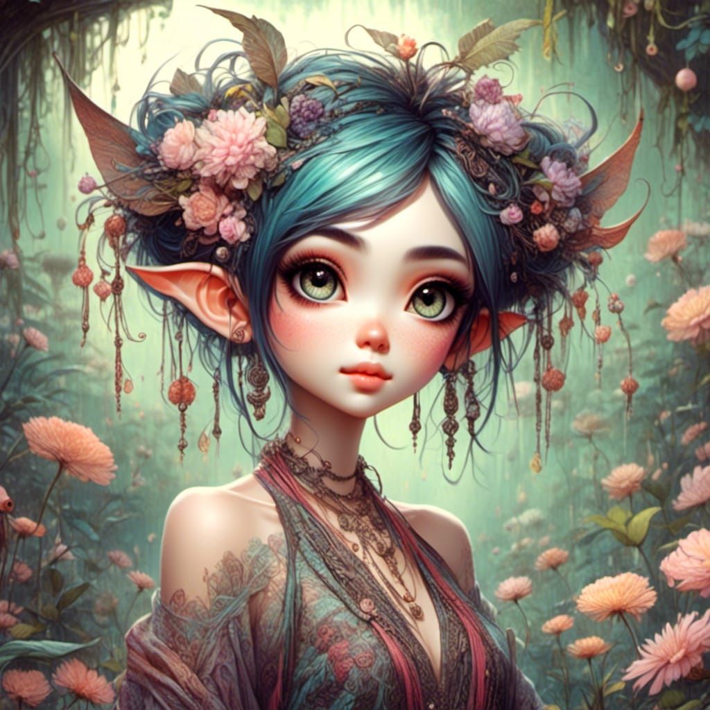 Adorable Asian Pixie Illustration in Japanese Garden