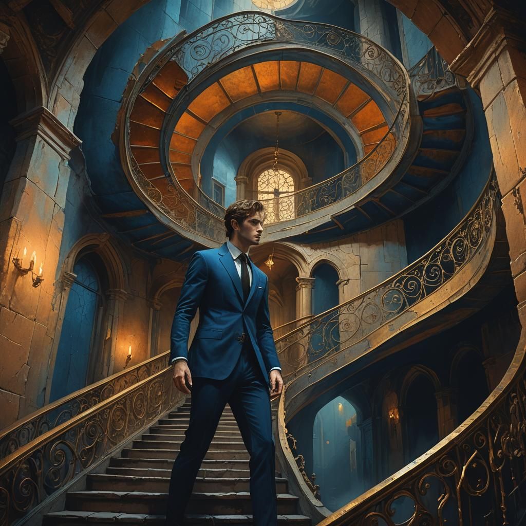 Man in Blue Suit Descending Gothic Spiral Staircase