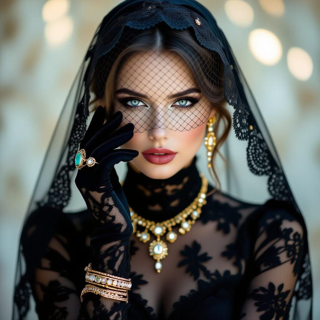 A mysterious woman, dressed in exquisite black lace and exquisite jewelry. Her piercing, striking blue eyes are partiall...