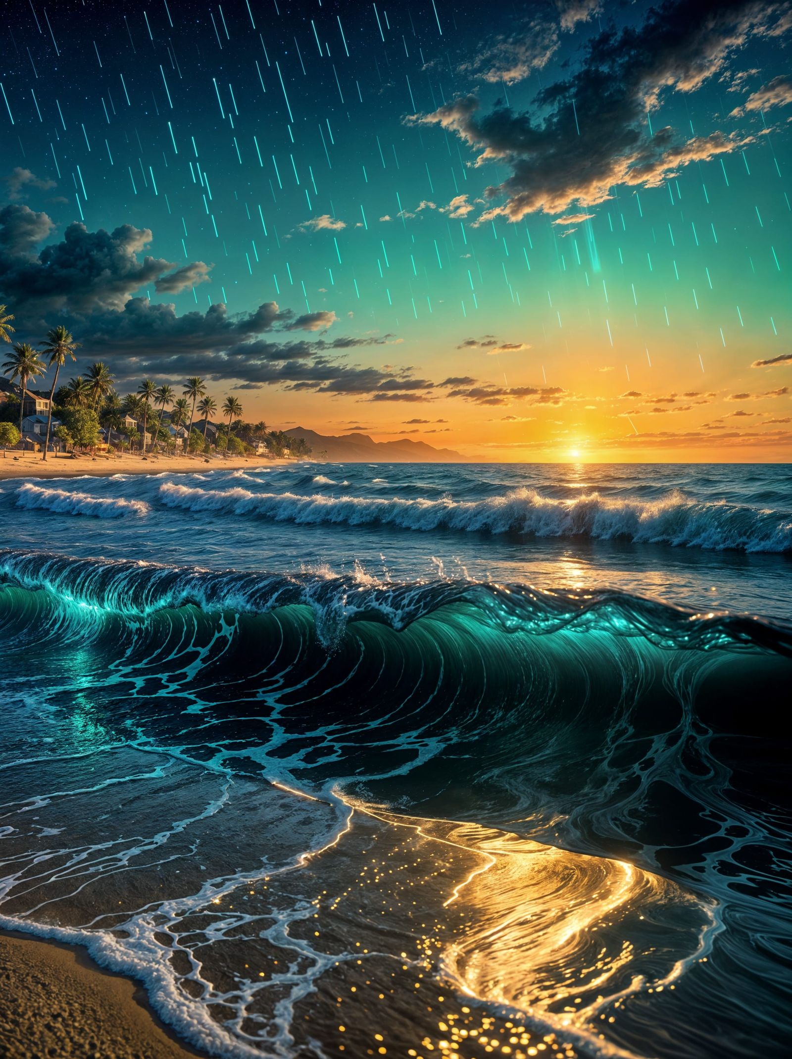 Bioluminescent Waves on Summer Night Beach