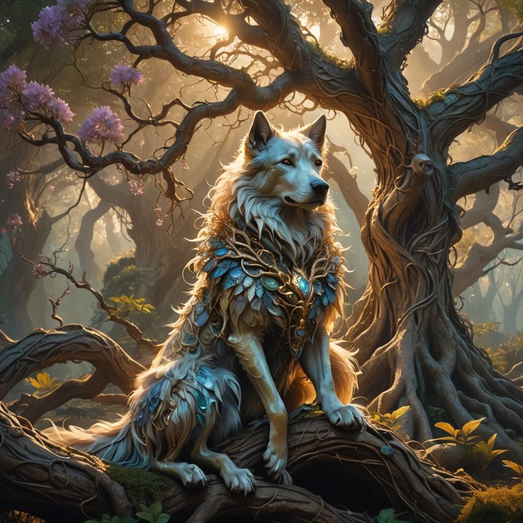 Mystical Dog-Woman Hybrid on Ancient Tree Root